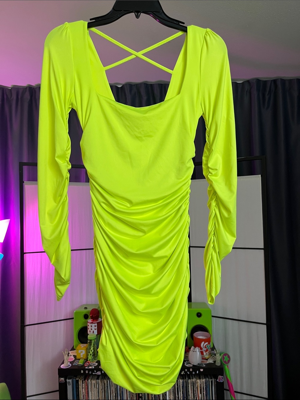 Neon Lime Ruched Long-Sleeve Dress